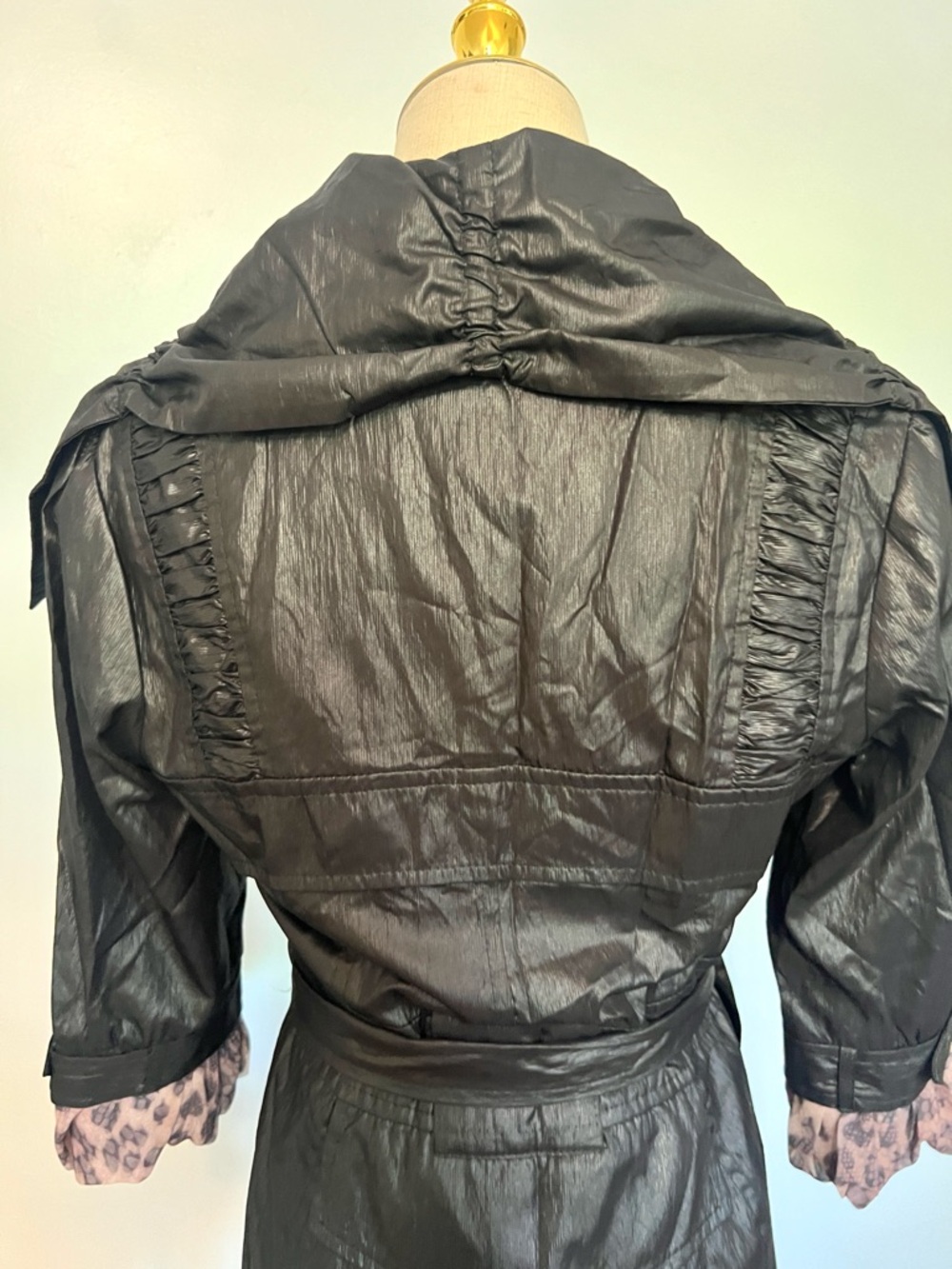 Black Belted Trench Coat Lined Collar Coat Dress Zip Button State Jacket Size S - Picture 5 of 10